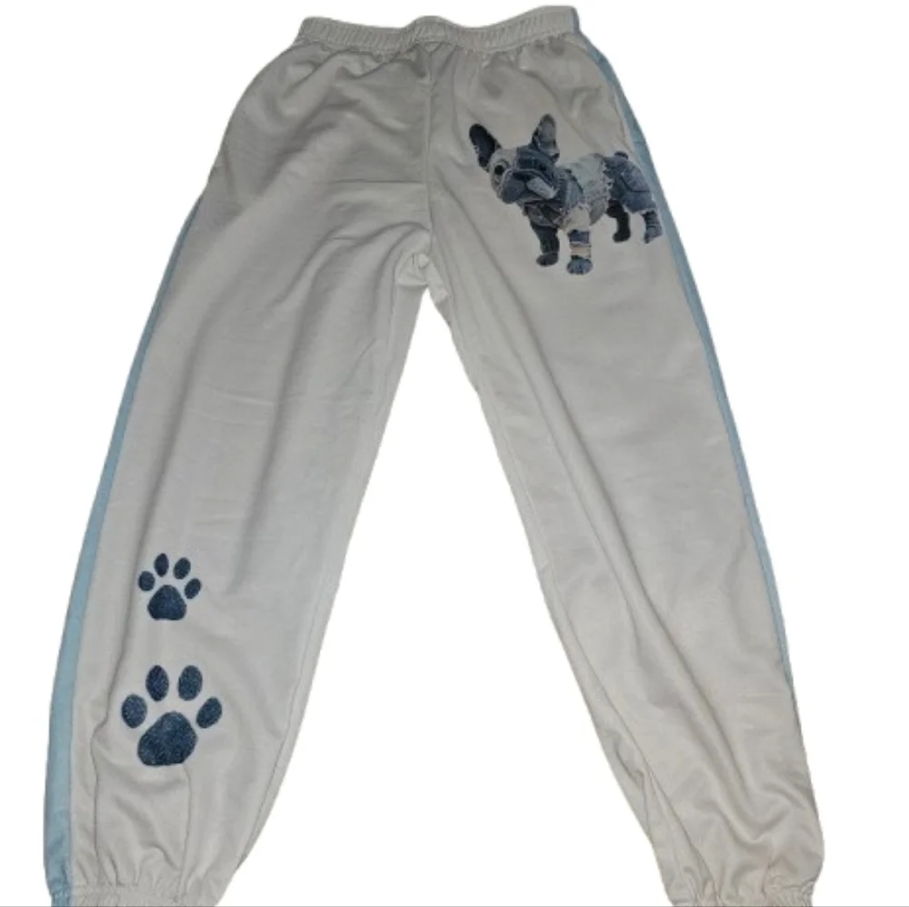 White & Light Blue Puppy Graphic Track Pants - Picture 4 of 5